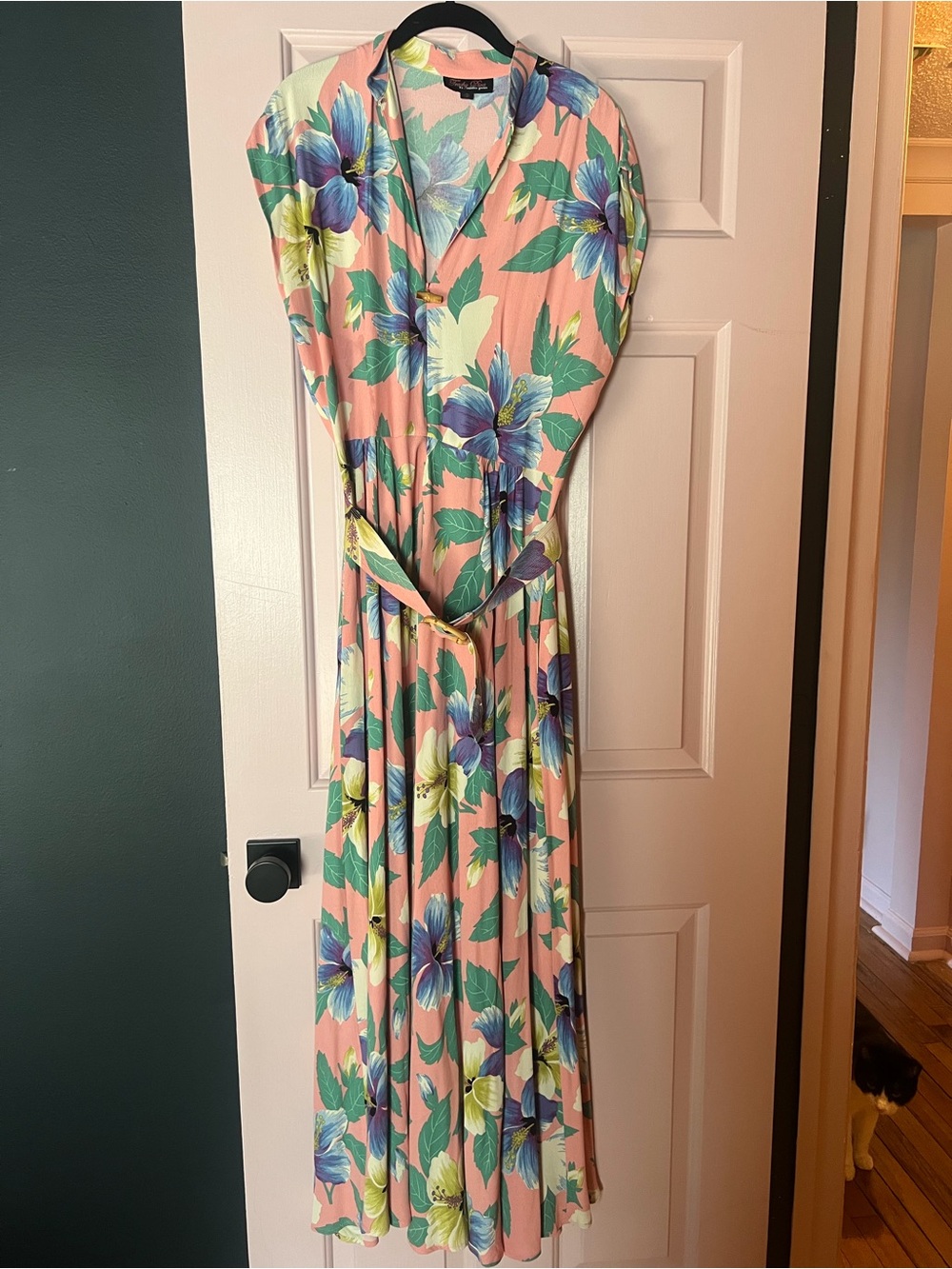 Trashy Diva sz 10 Floral zip Maxi Dress with Blue & Green Blooms